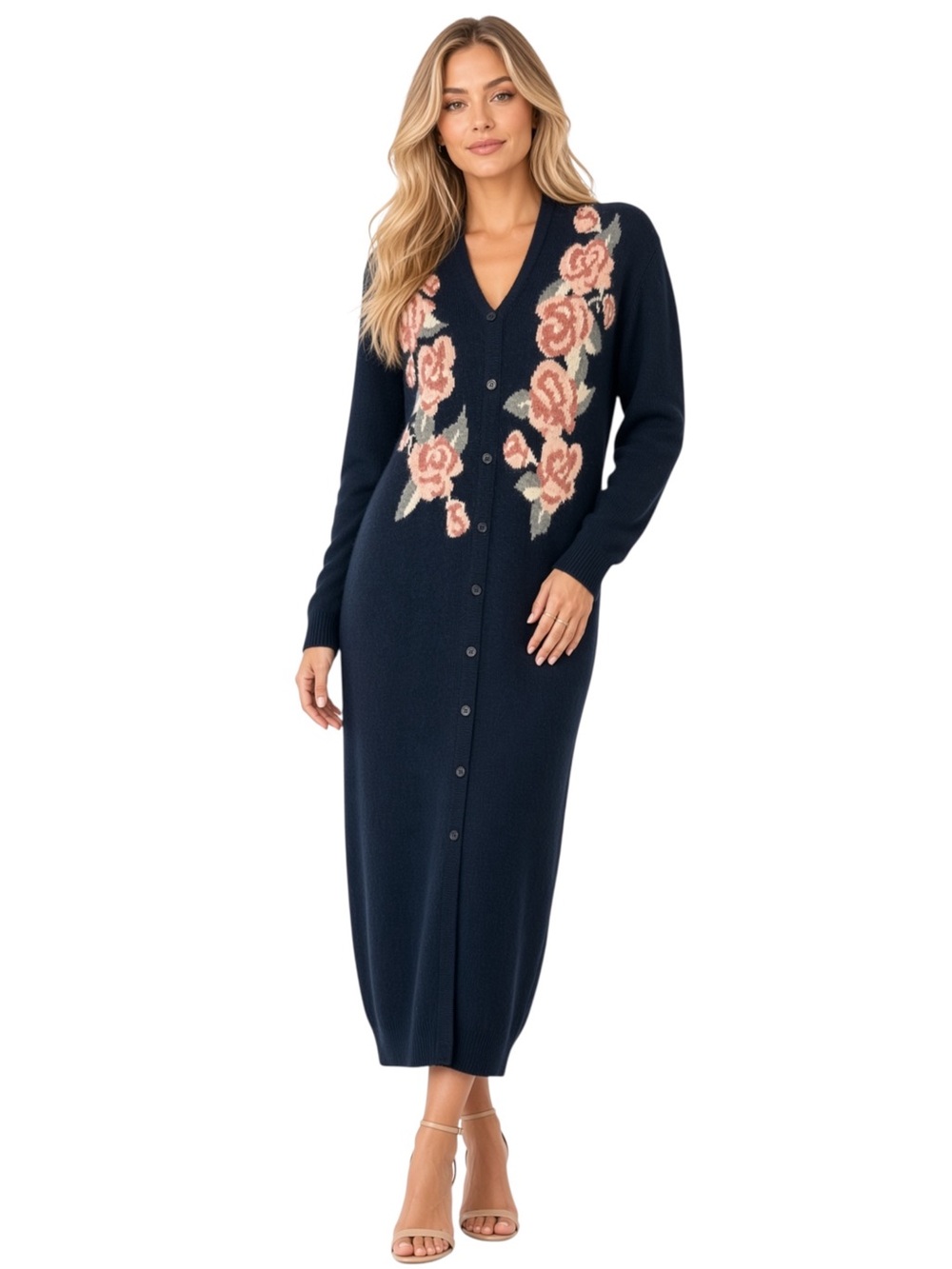 Black Floral Button-Front Maxi Wool Blend Dress Large